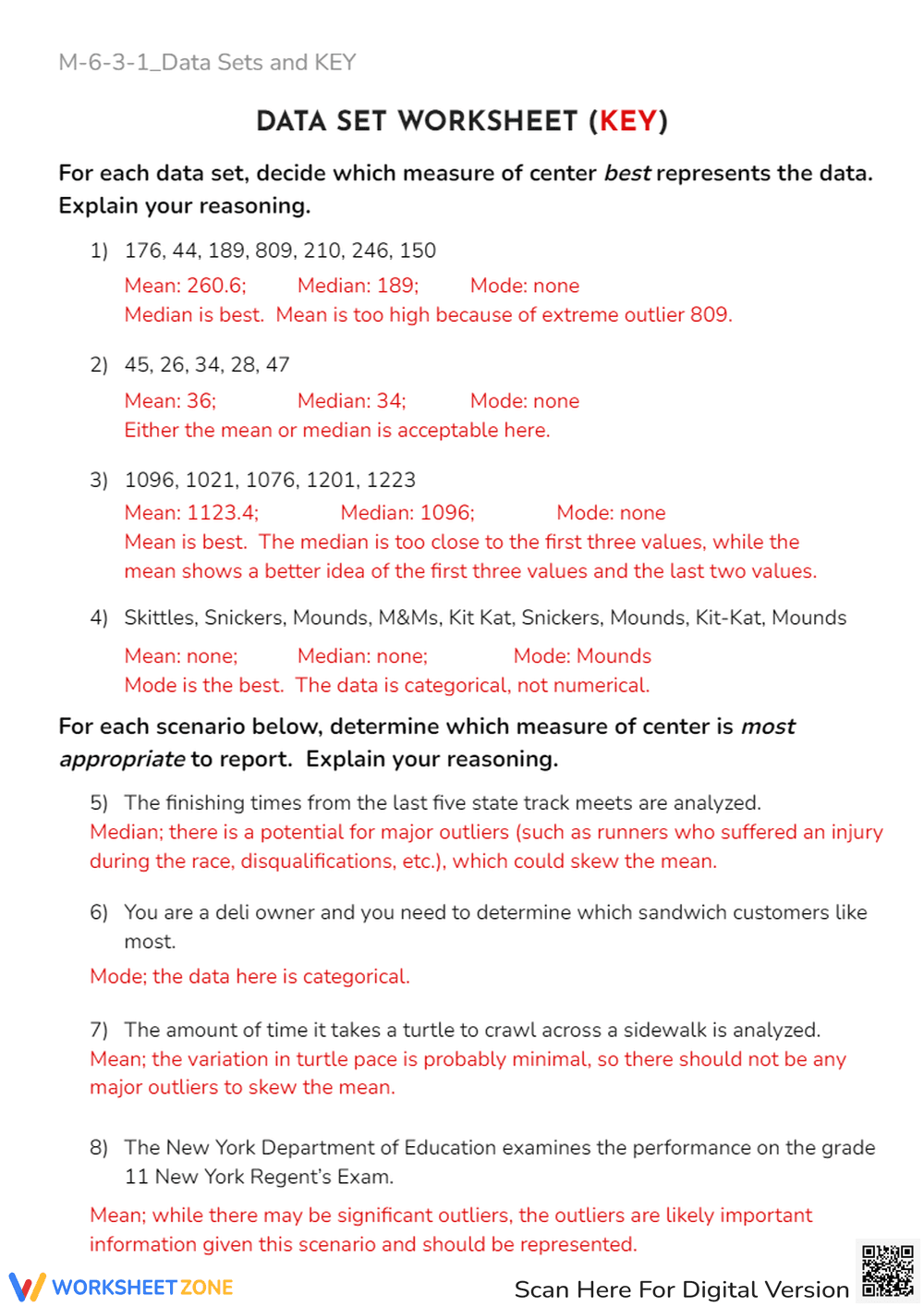 Mean, Median, Mode Worksheet - Data Sets & Scenarios Practice - Page 2