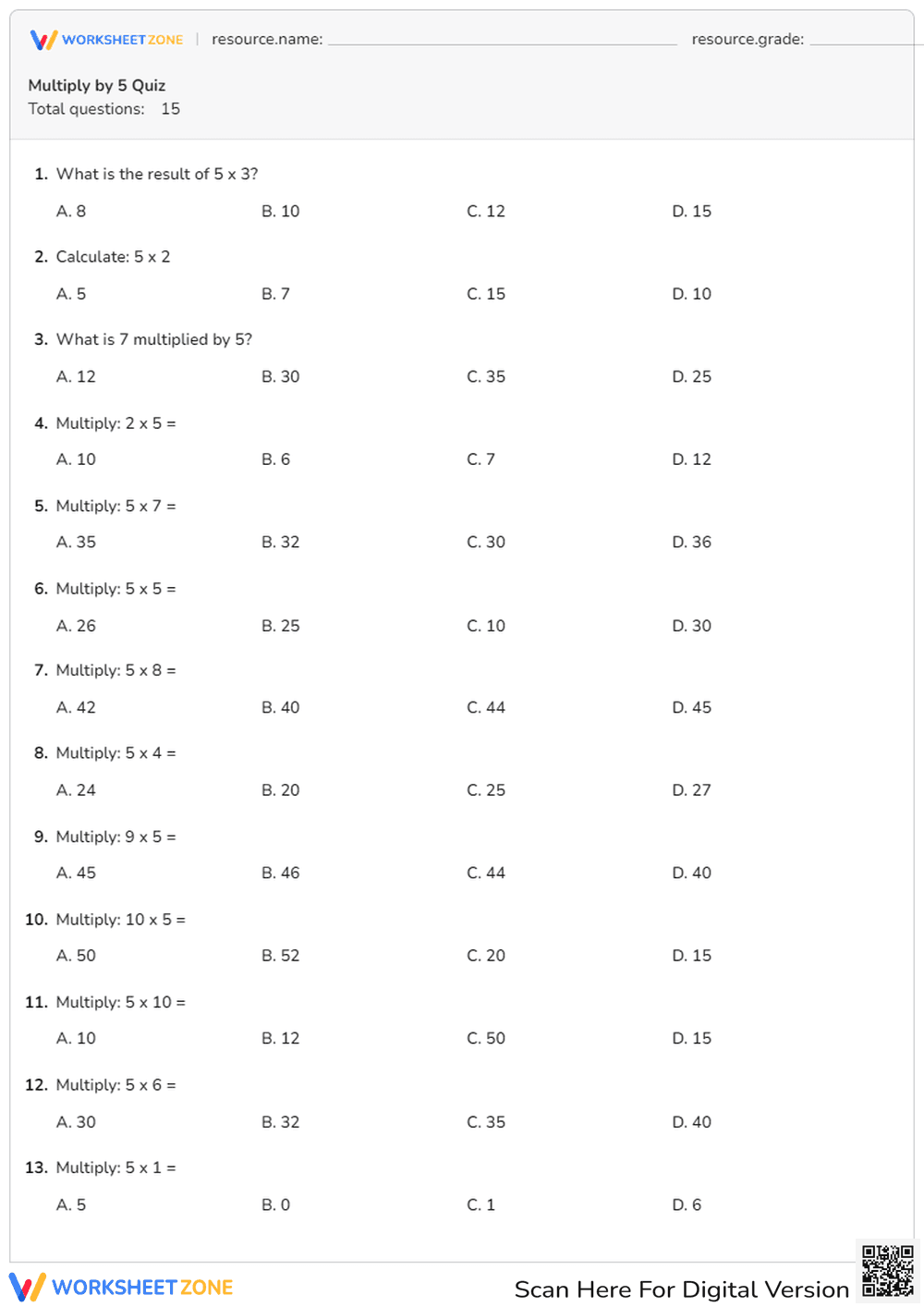 Multiply by 5 Quiz - Page 1