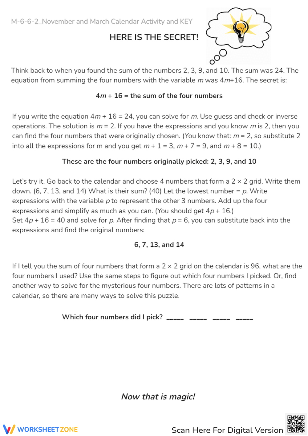 Calendar Math: Algebra & Number Patterns Worksheet - Page 3