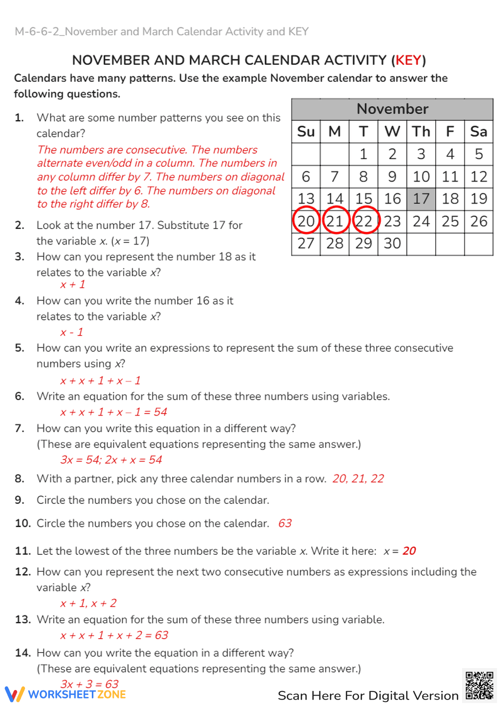 Calendar Math: Algebra & Number Patterns Worksheet - Page 4