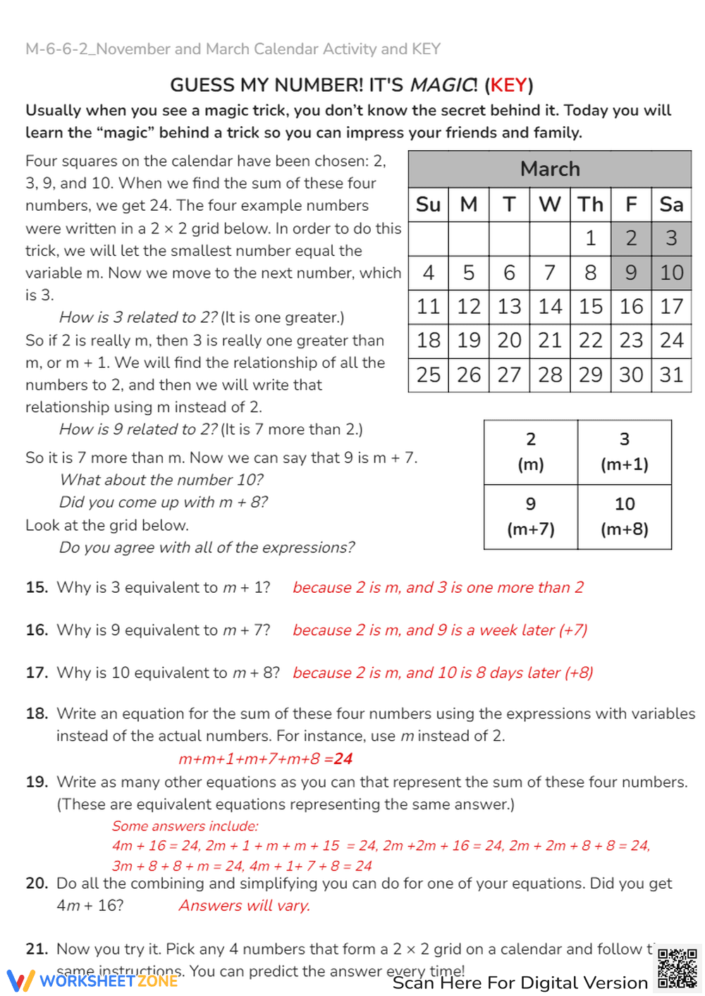 Calendar Math: Algebra & Number Patterns Worksheet - Page 5