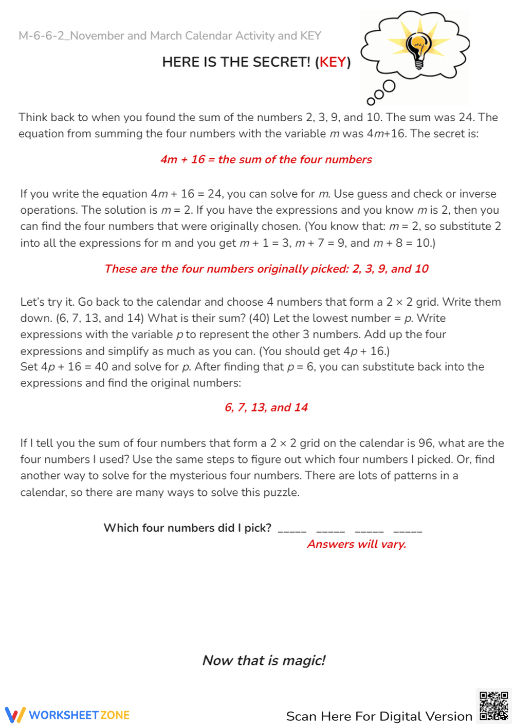 Calendar Math: Algebra & Number Patterns Worksheet - Page 6
