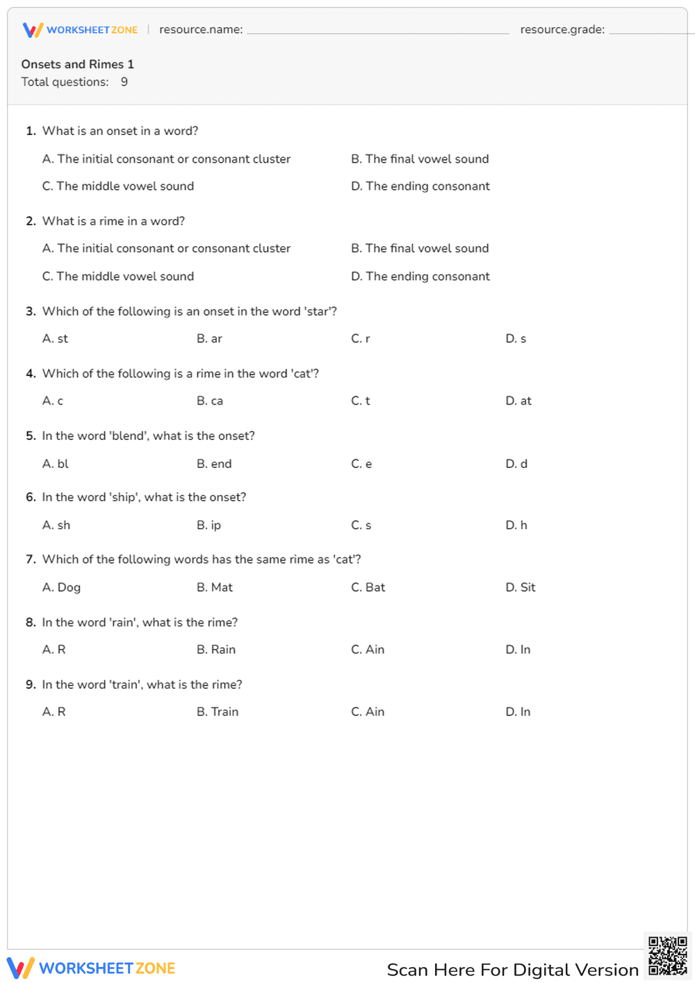 Onset and Rime Quiz: What Is an Onset in a Word? - Page 1