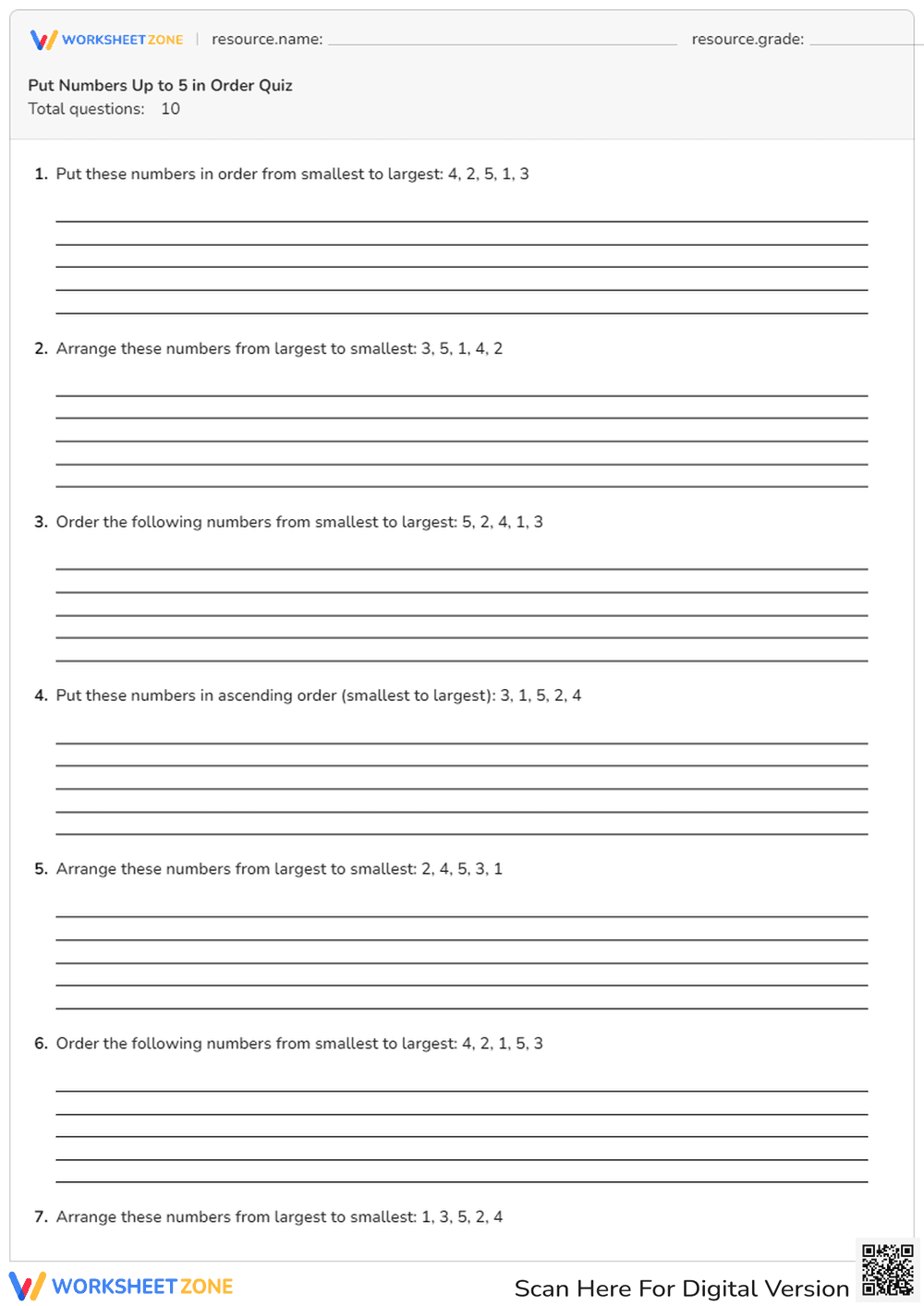 Put Numbers Up to 5 in Order Quiz - Page 1
