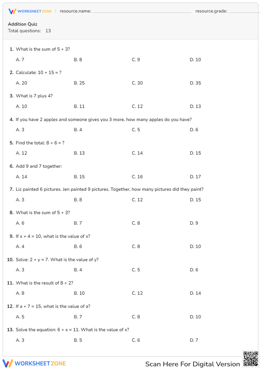 Addition Quiz - Page 1