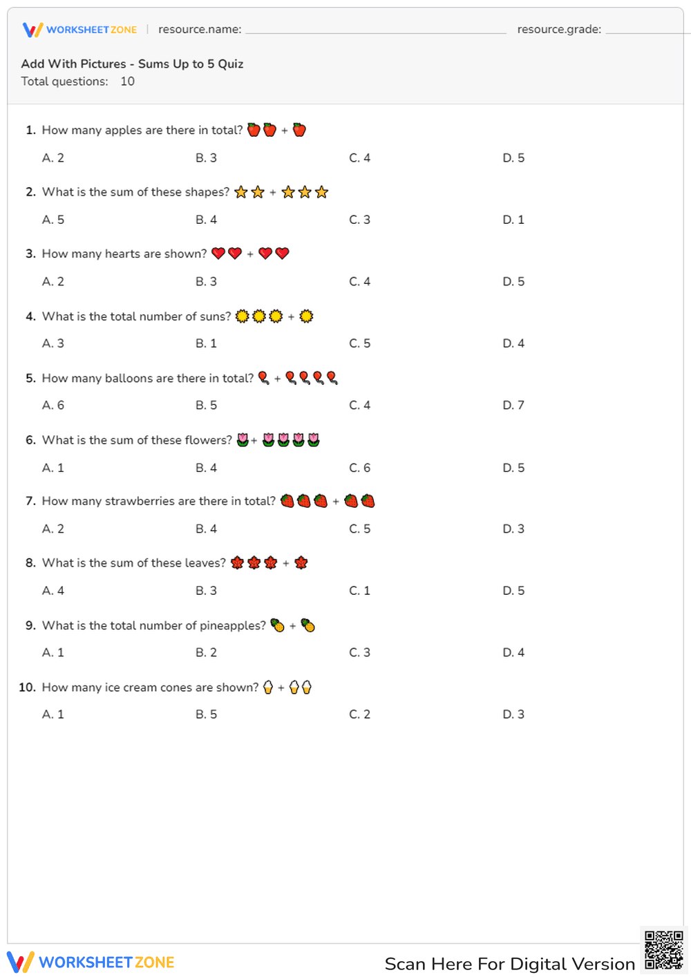 Add With Pictures - Sums Up to 5 Quiz - Page 1