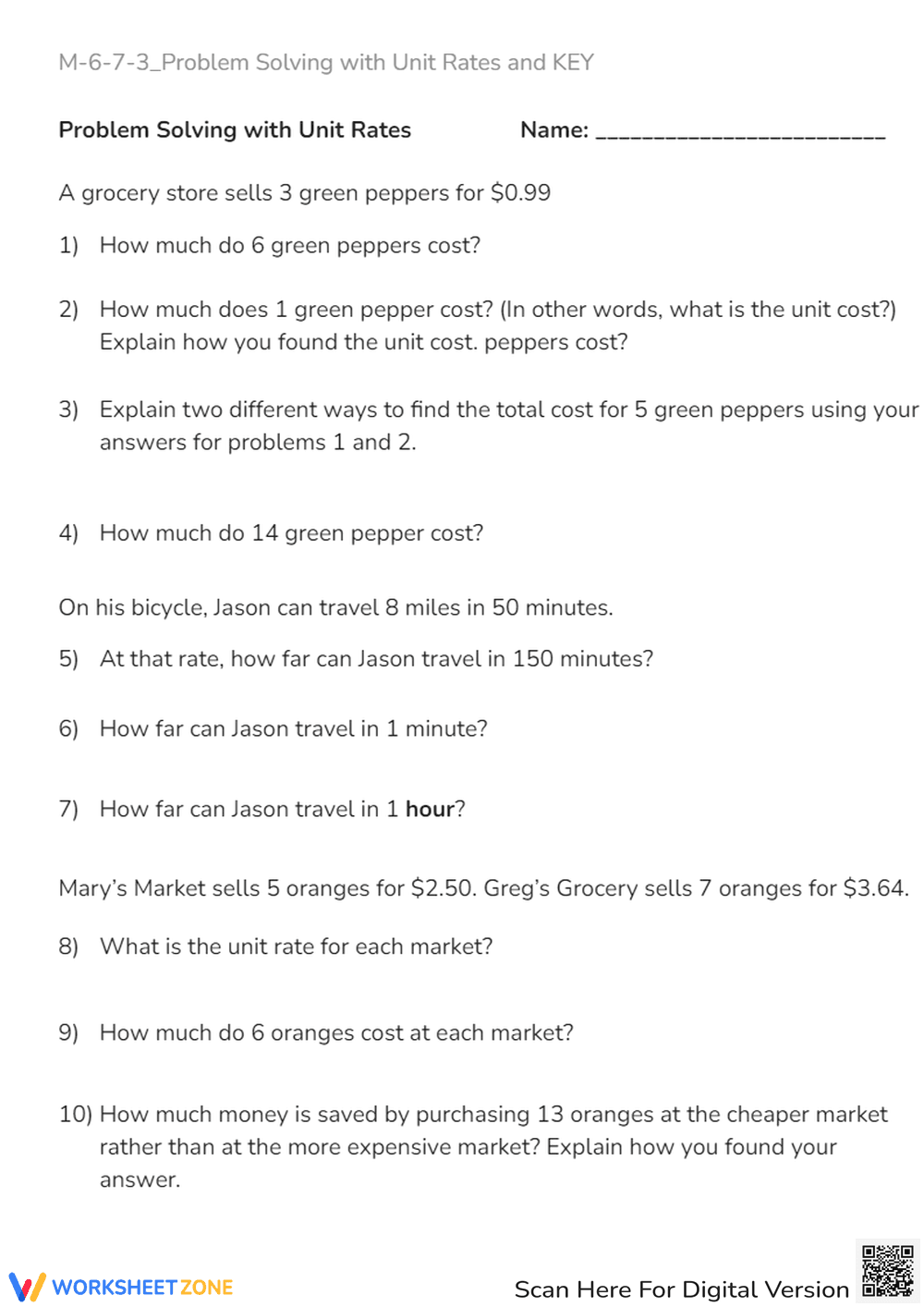 Unit Rates Word Problems: 6th-7th Grade Math Practice - Page 1