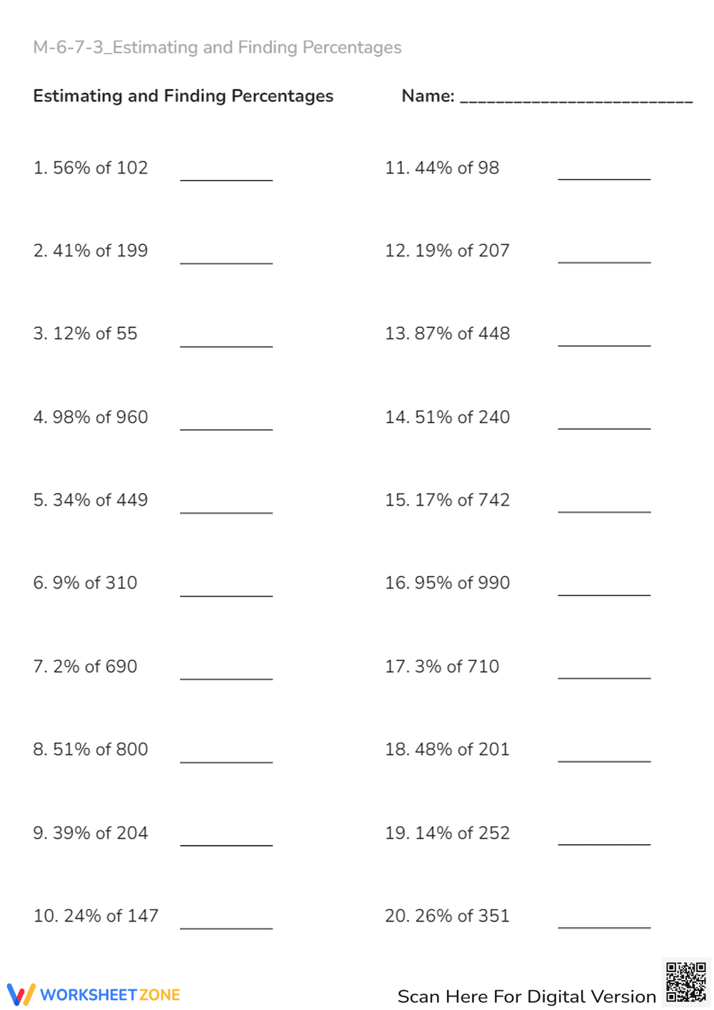 Estimating Percentages Worksheet - Grades 6-7 Math Practice - Page 1