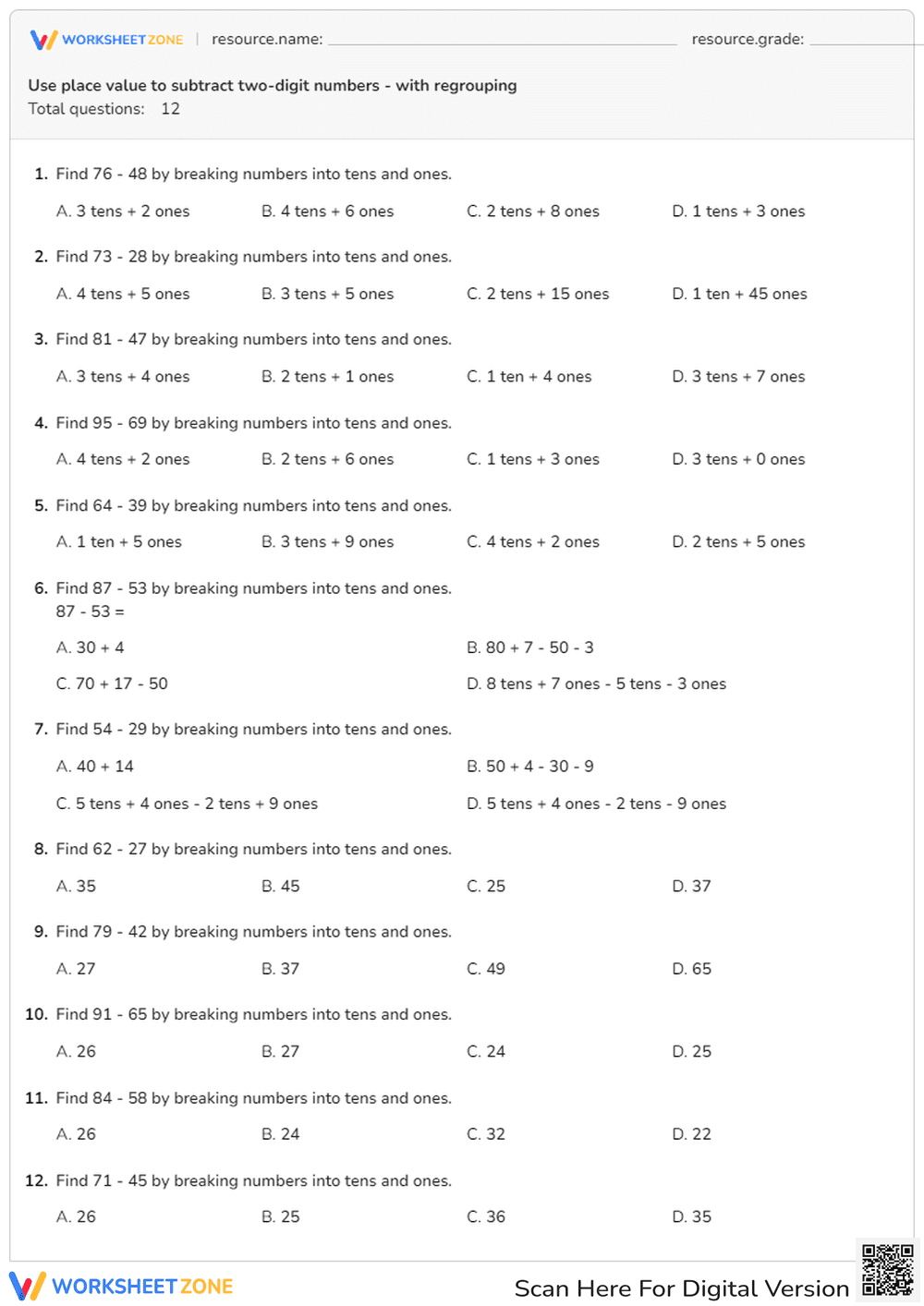Subtraction with Place Value: Regrouping Tens and Ones - Page 1
