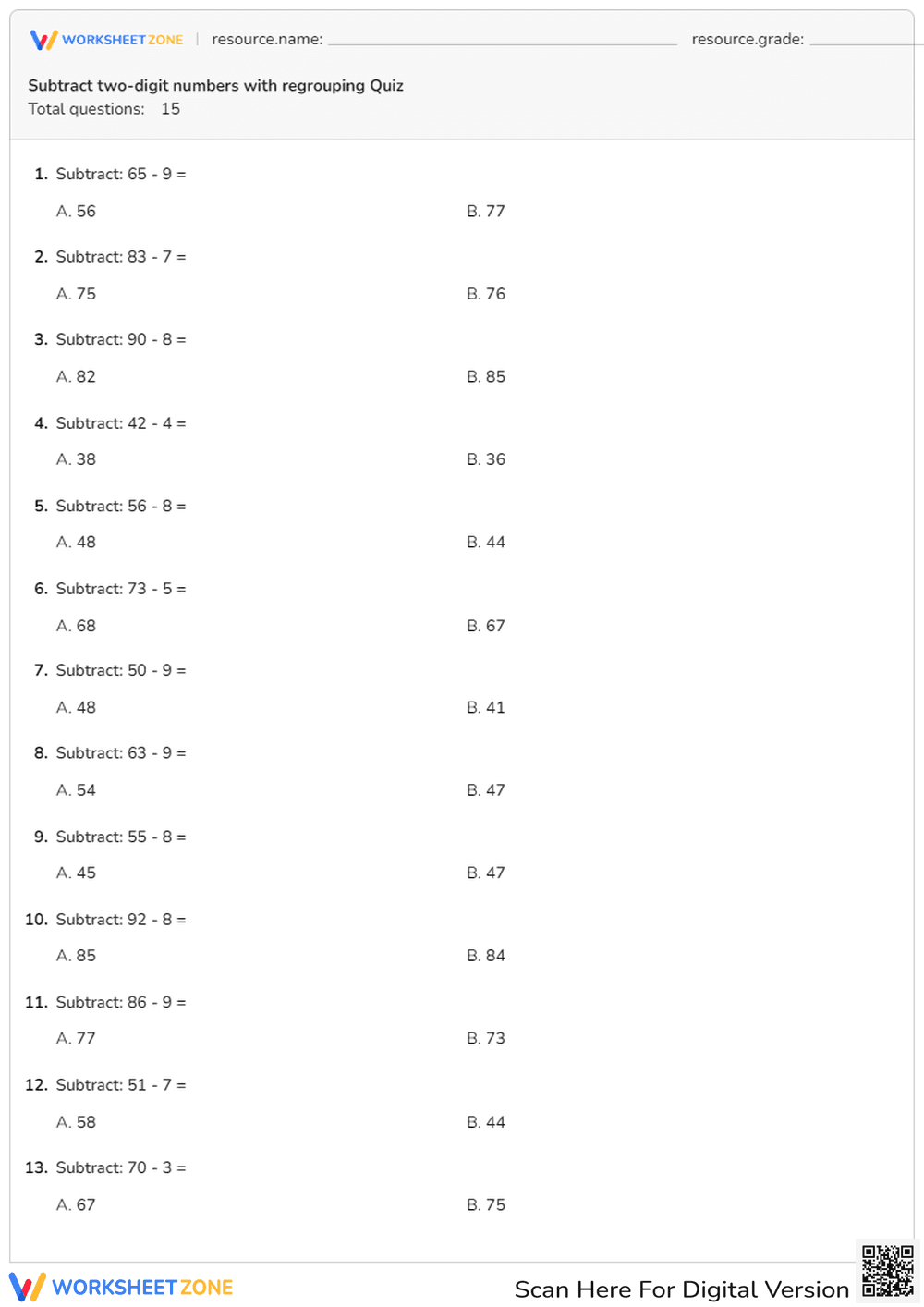 Subtract 2-Digit Numbers: Regrouping Practice Worksheet - Page 1
