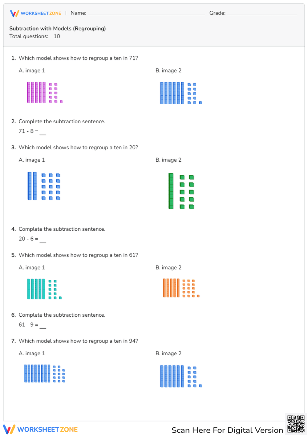 Subtraction with Models (Regrouping) - Page 1