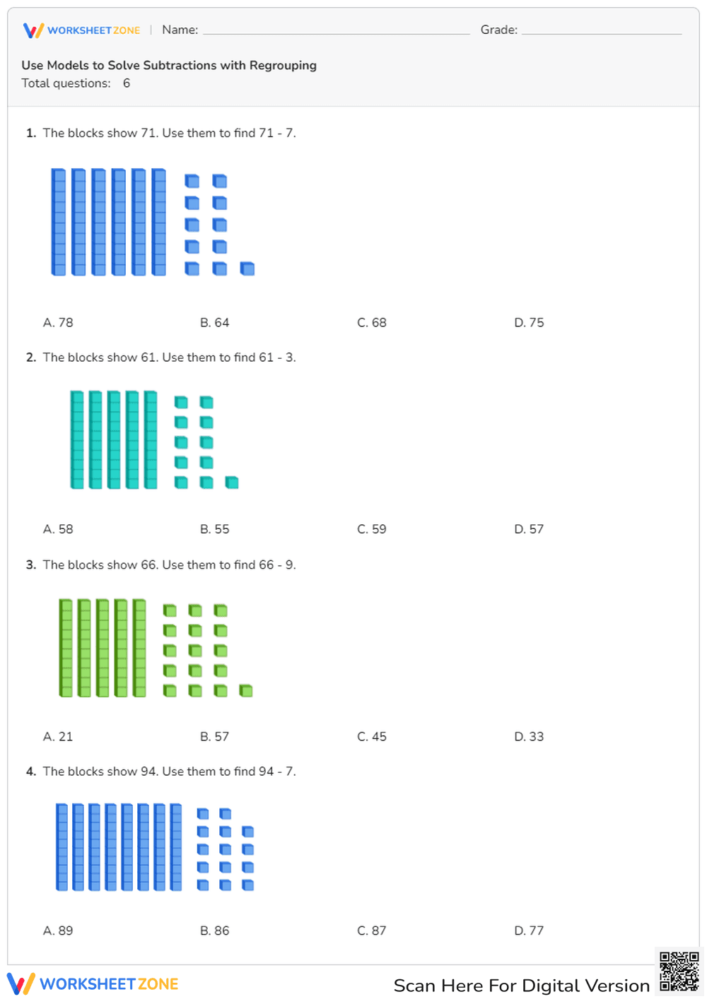 Solve Subtraction Problems with Regrouping Using Models - Page 1