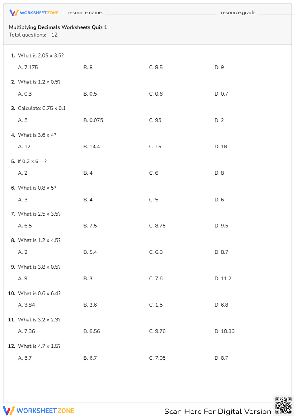 Multiplying Decimals Practice - Page 1