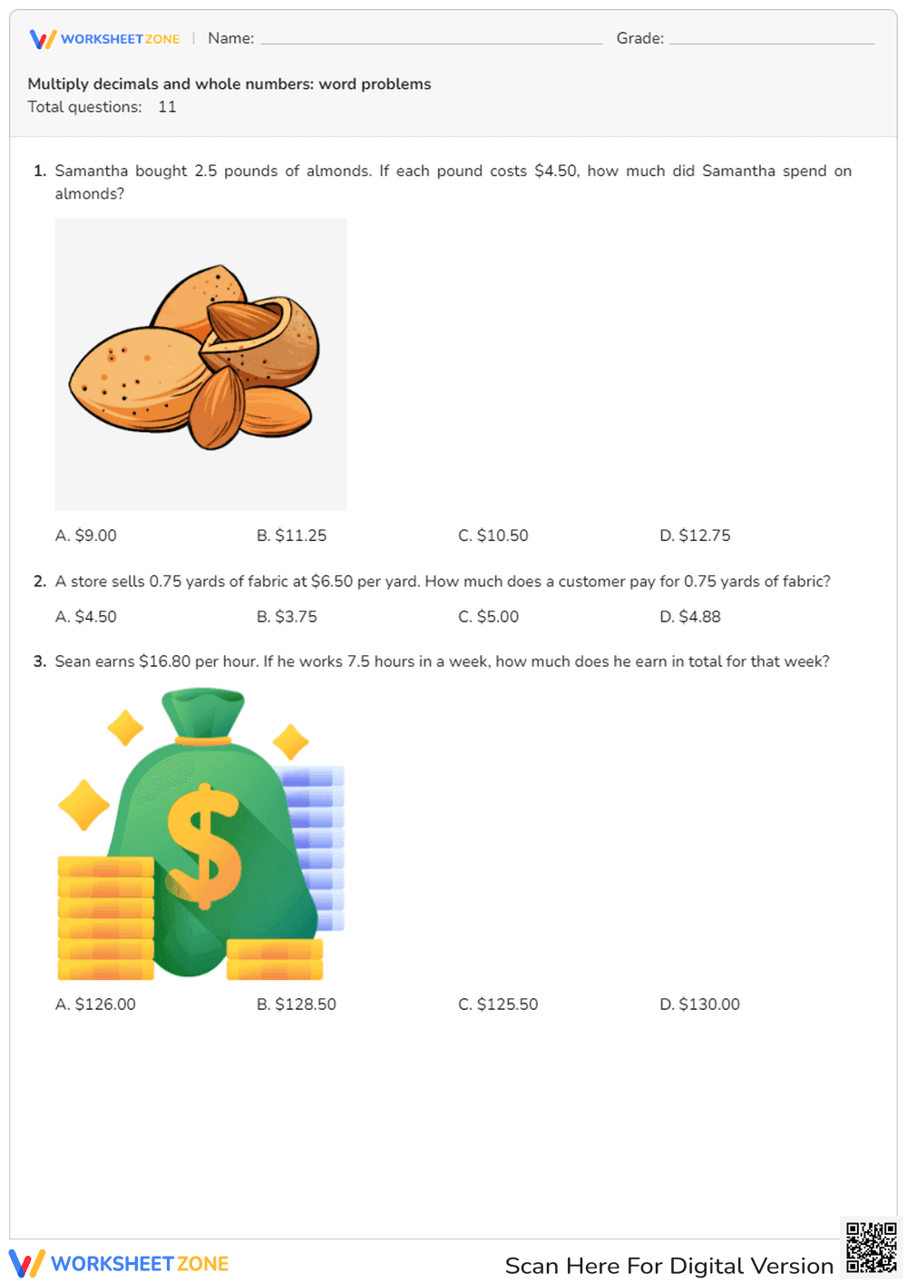 Multiplying Decimals and Whole Numbers Word Problems - Page 1