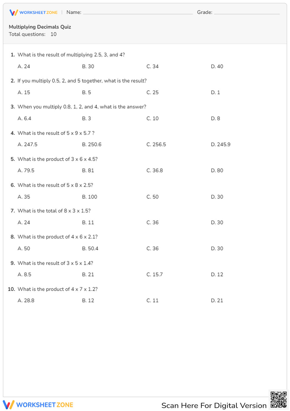 Multiplying Decimals Practice Quiz - Page 1
