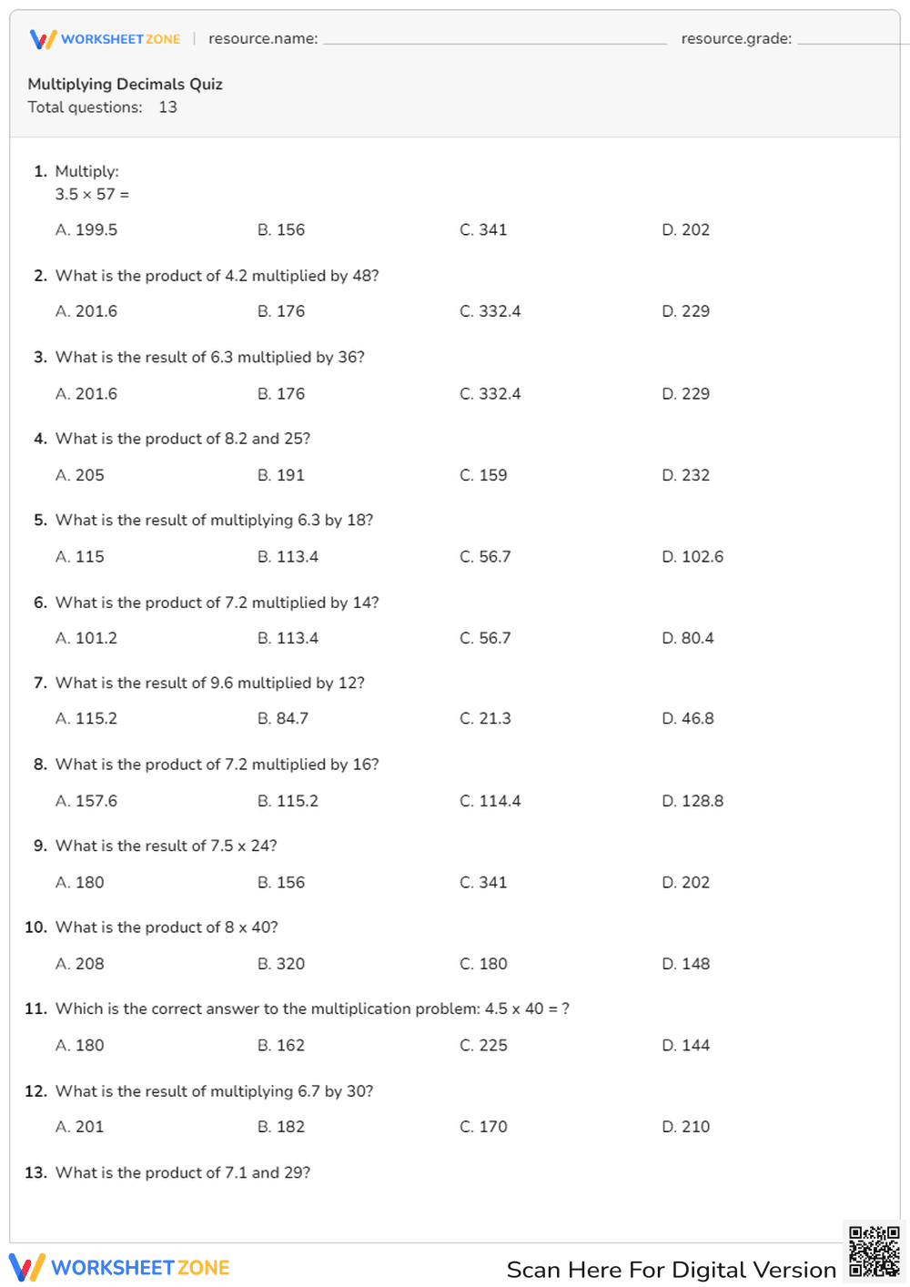 Multiplying Decimals By Whole Numbers Quiz - Page 1