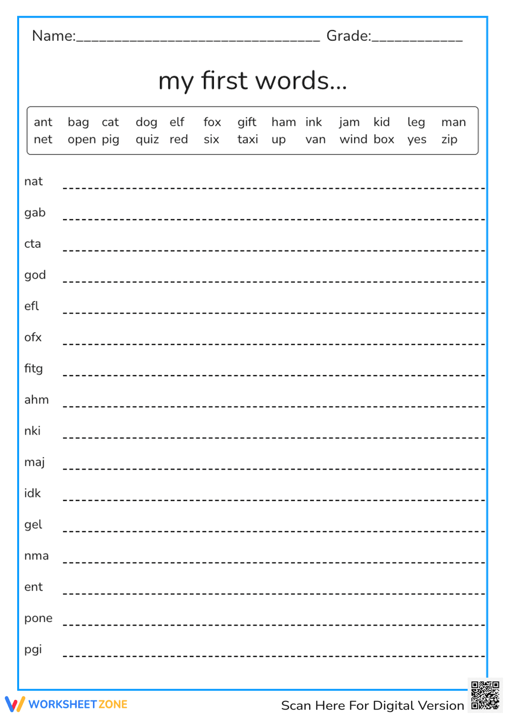 My First Words Phonics Practice - Spelling & Writing Worksheet - Page 1