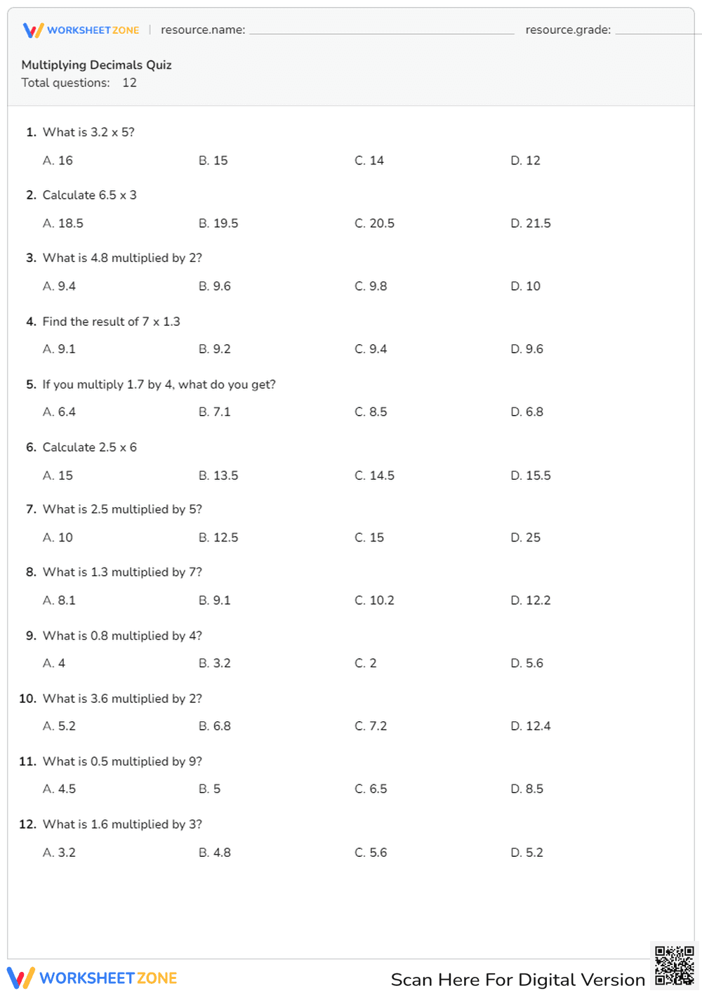 Multiply Decimals: Practice Quiz Worksheet - Page 1