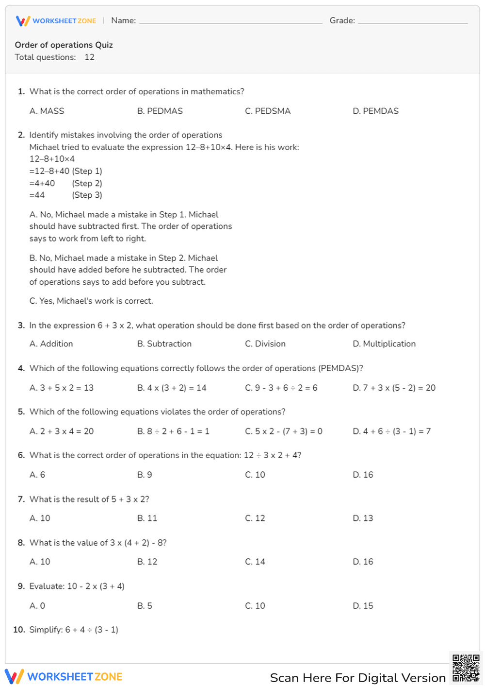 Understanding and Applying Order of Operations - Page 1