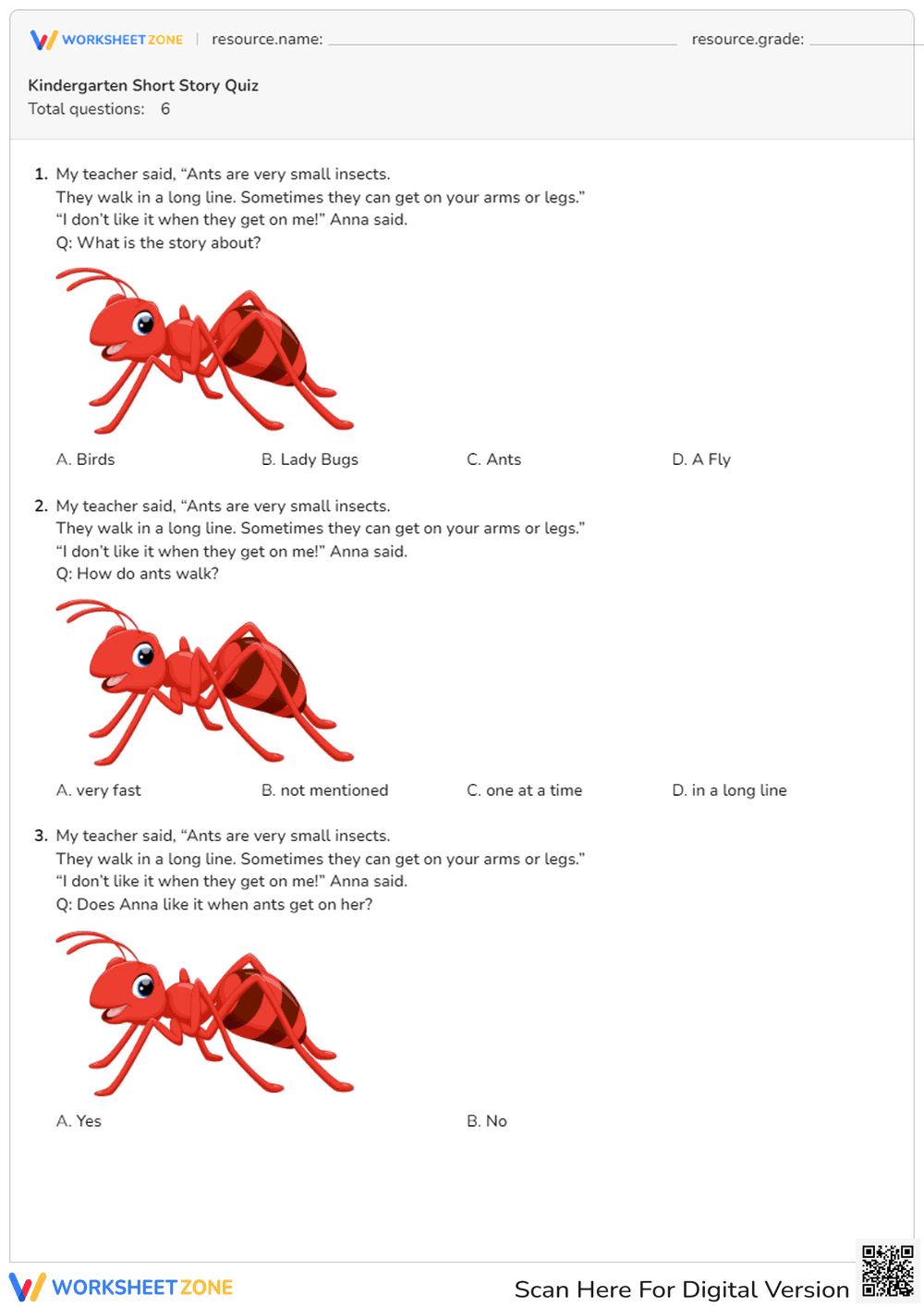 Kindergarten Short Story Quiz - Page 1