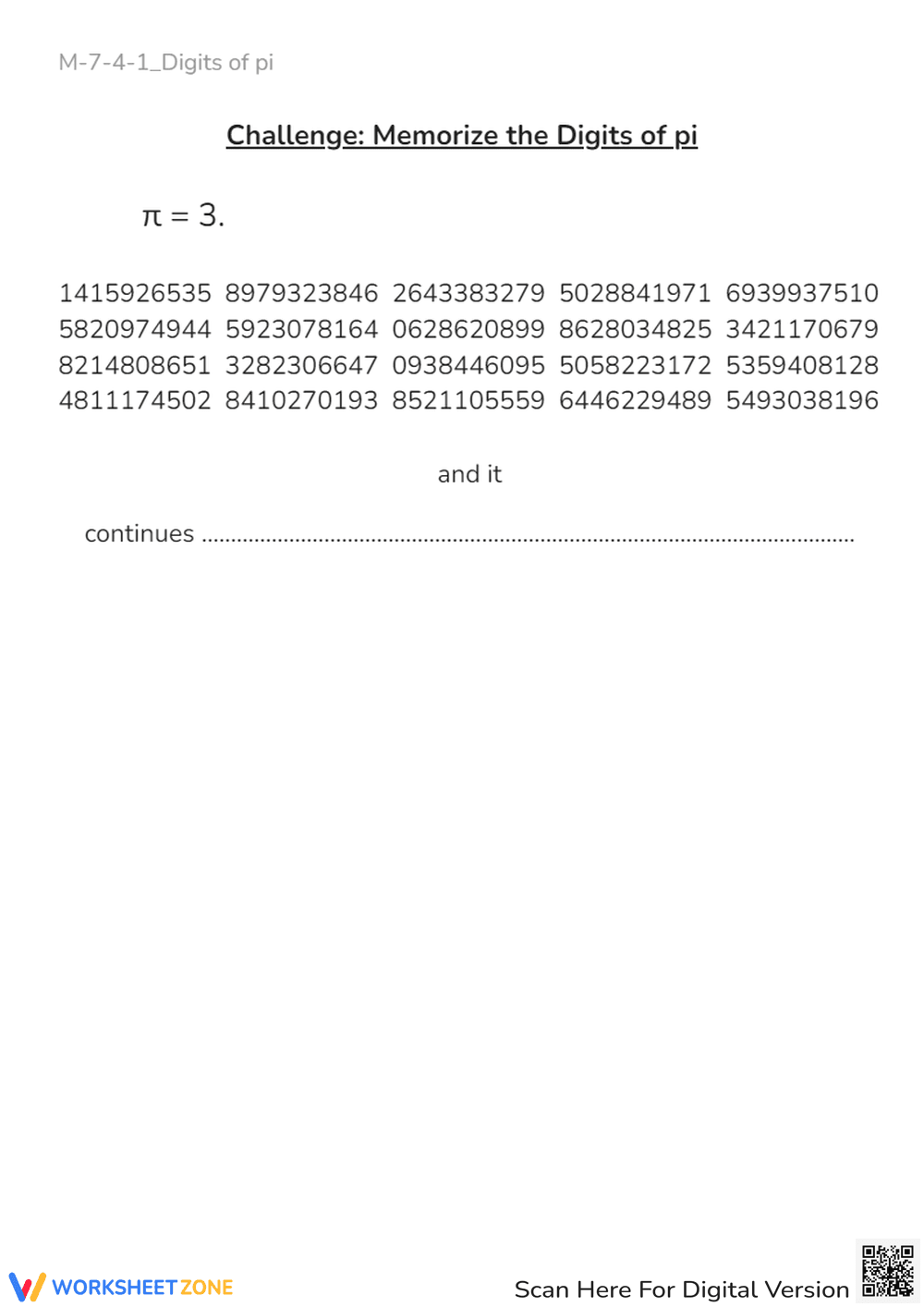 Pi Digits Memorization Challenge - Math Worksheet for Students - Page 1