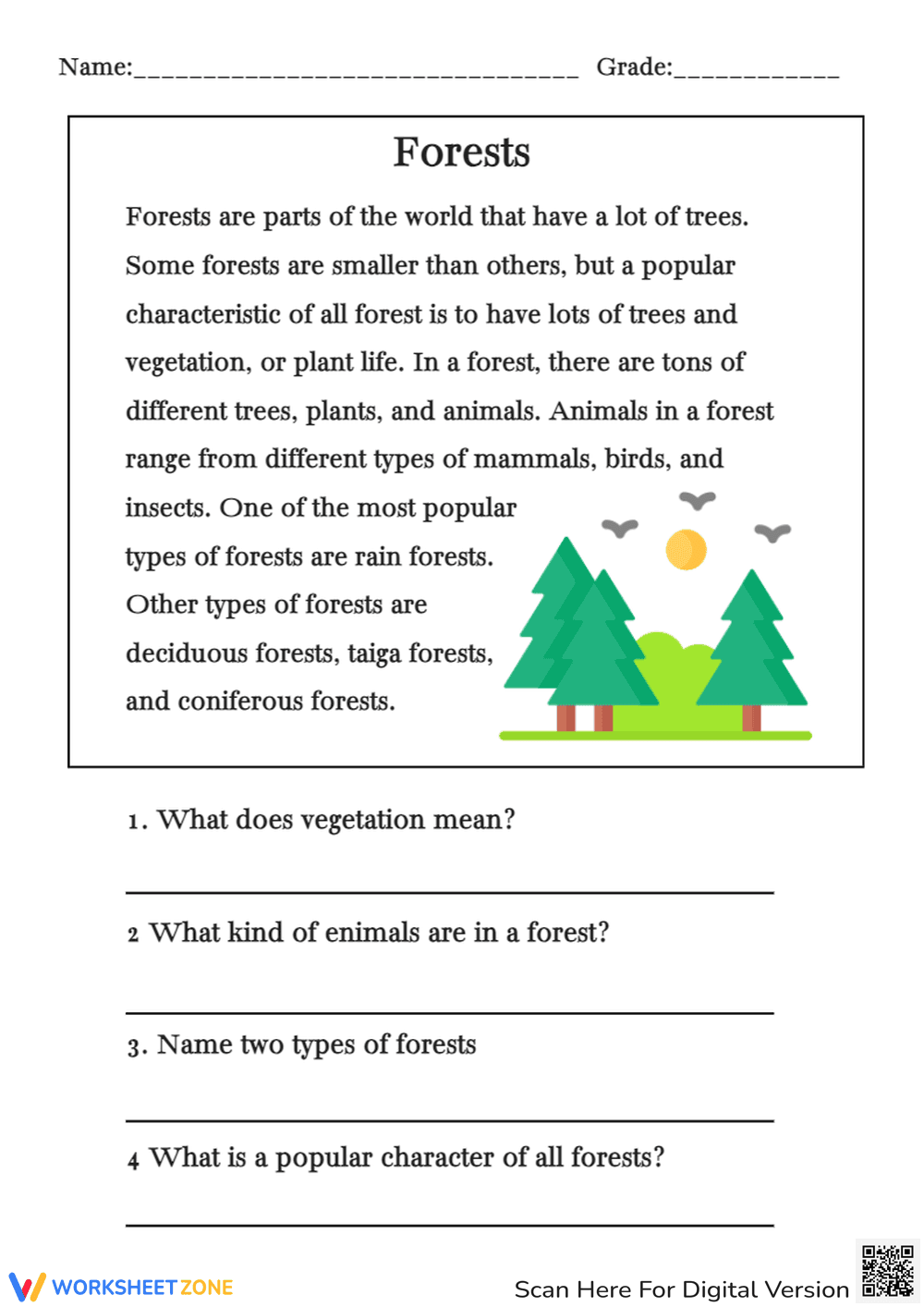 Forests Reading Comprehension - Learn About Forest Animals & Plants - Page 1