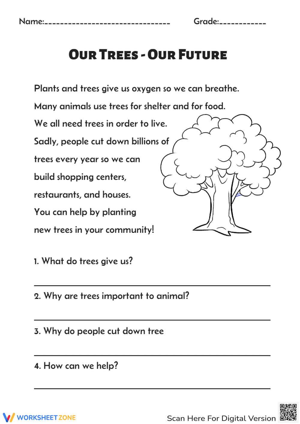 Our Trees - Our Future: Reading Comprehension Worksheet (Grades 1-3) - Page 1
