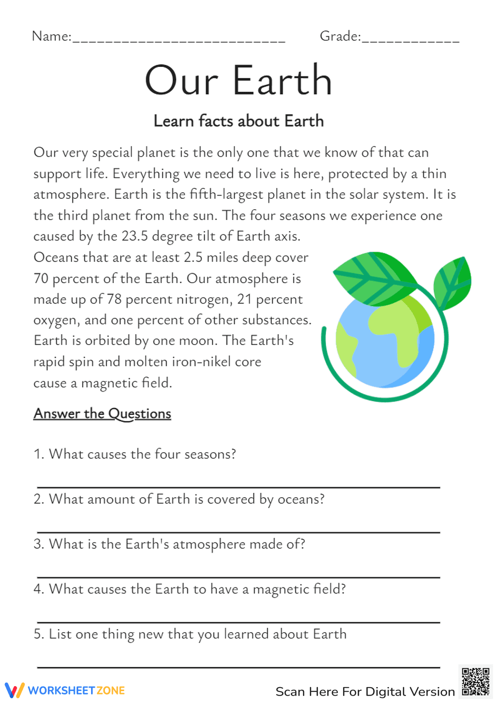 Our Earth Facts & Comprehension Worksheet - Learn About the Planet - Page 1