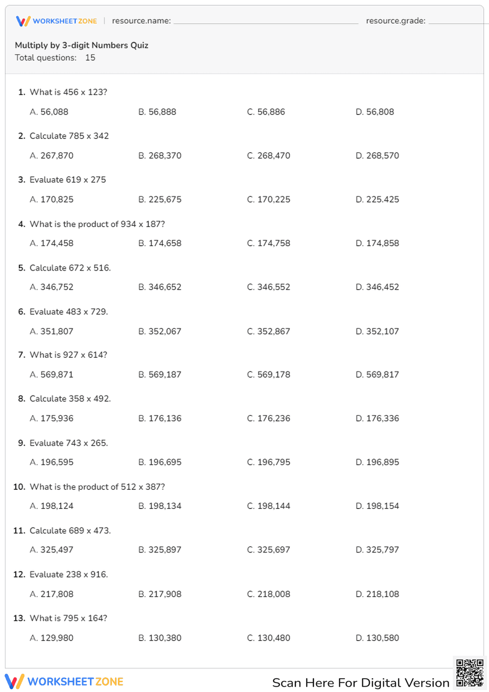 Multiply by 3-digit Numbers Quiz - Page 1