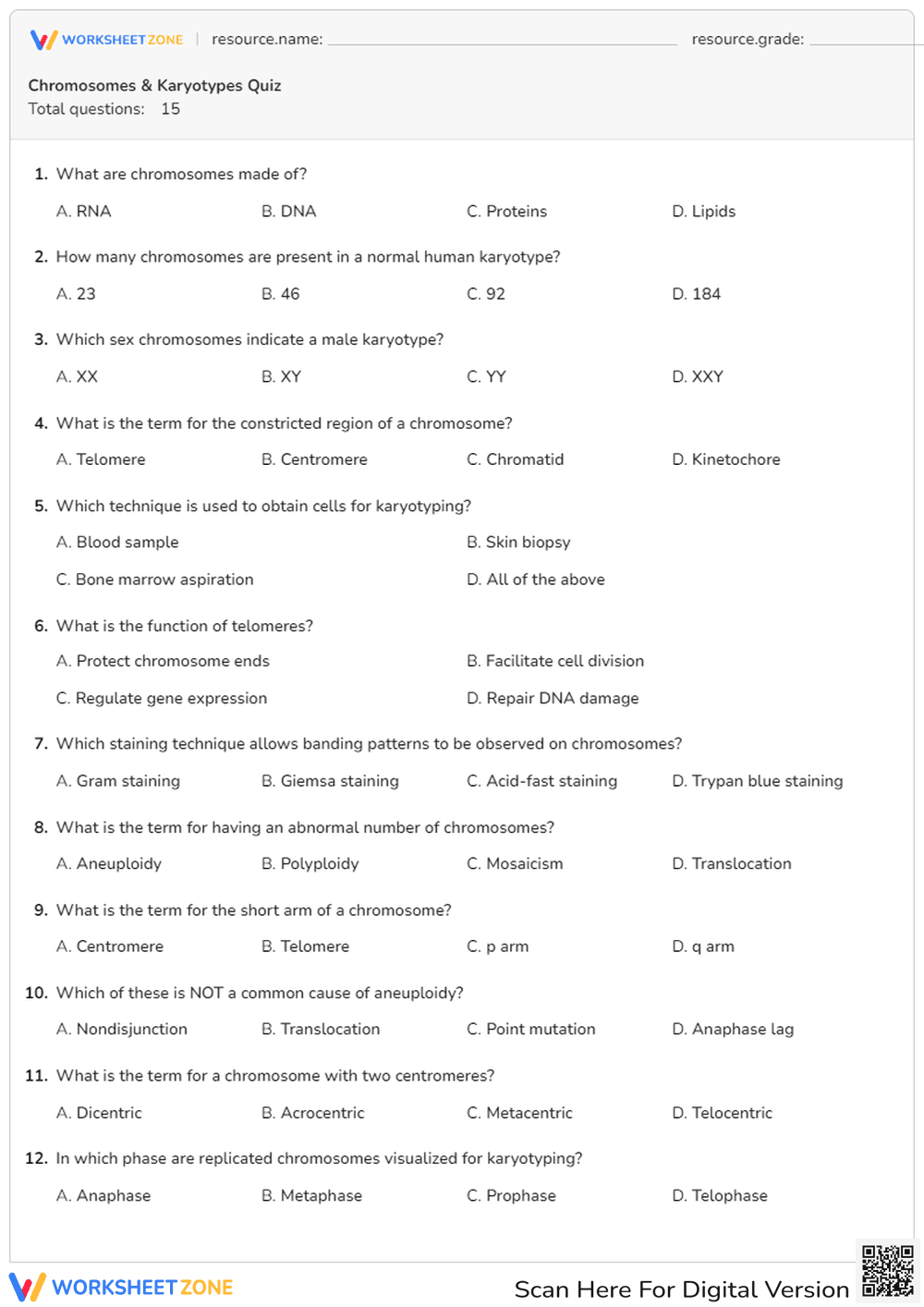 Chromosomes & Karyotypes Quiz - Page 1