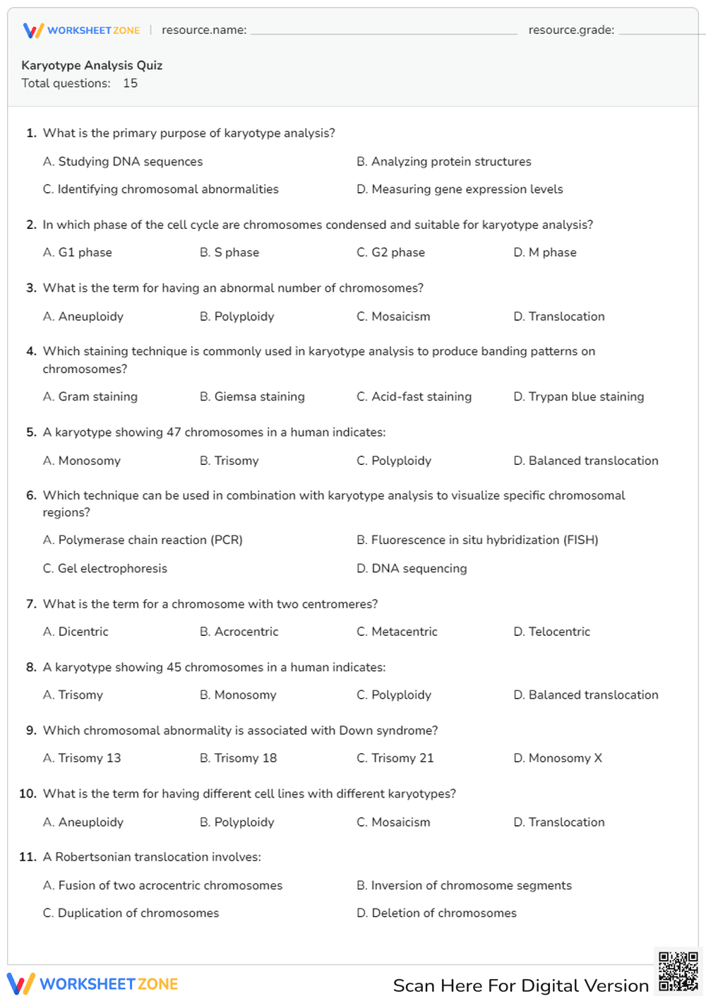 Karyotype Analysis Quiz: Chromosome Identification - Page 1