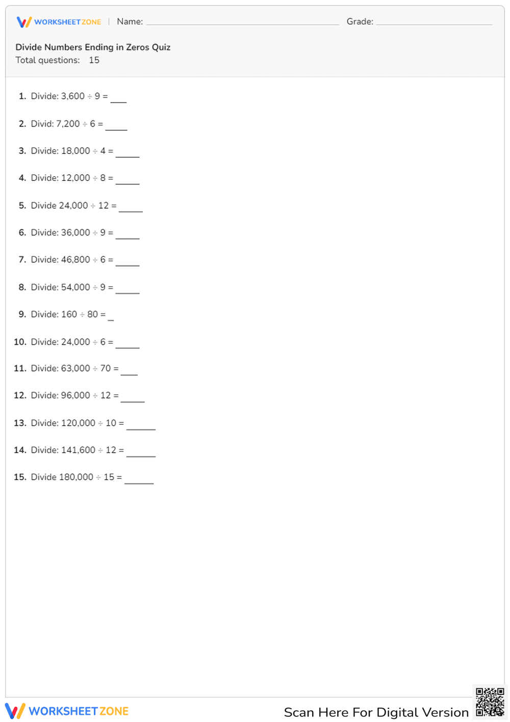 Divide Numbers Ending in Zeros Quiz - Page 1