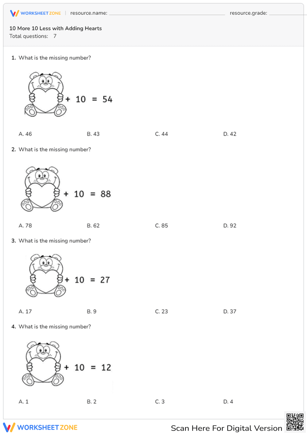 10 More 10 Less with Adding Hearts - Page 1
