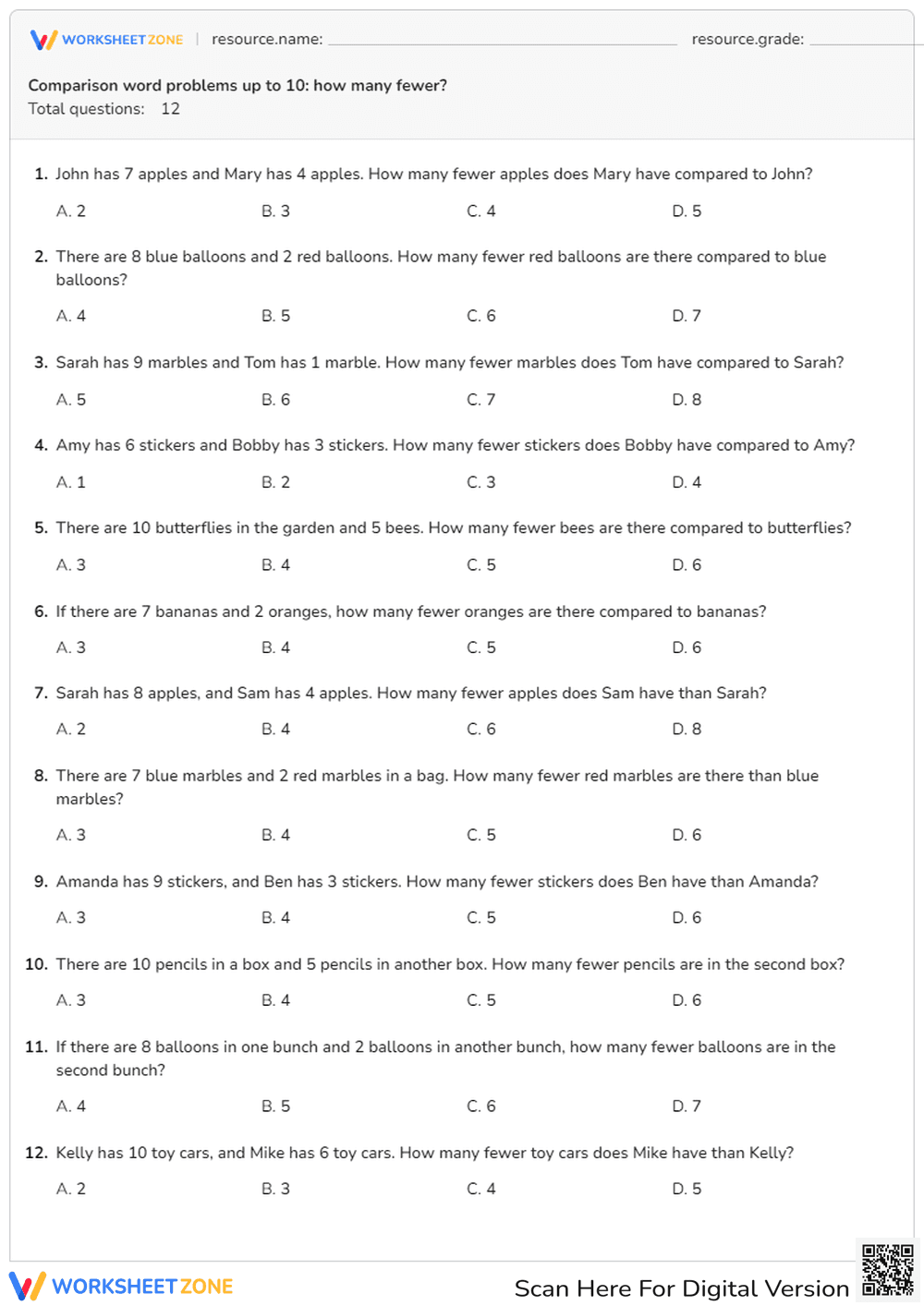 Comparison word problems up to 10: how many fewer? - Page 1