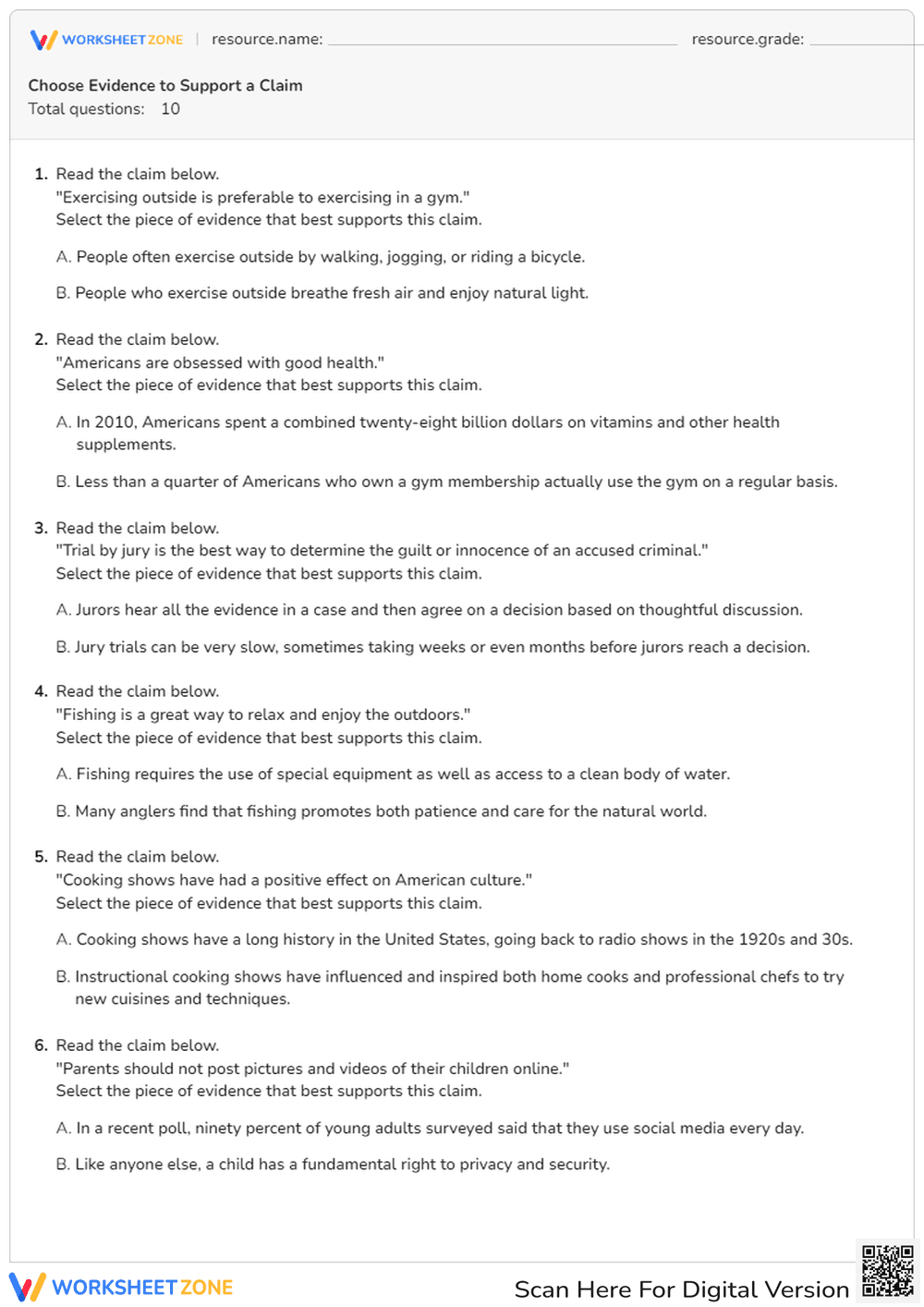 Choosing Evidence to Support a Claim - Page 1