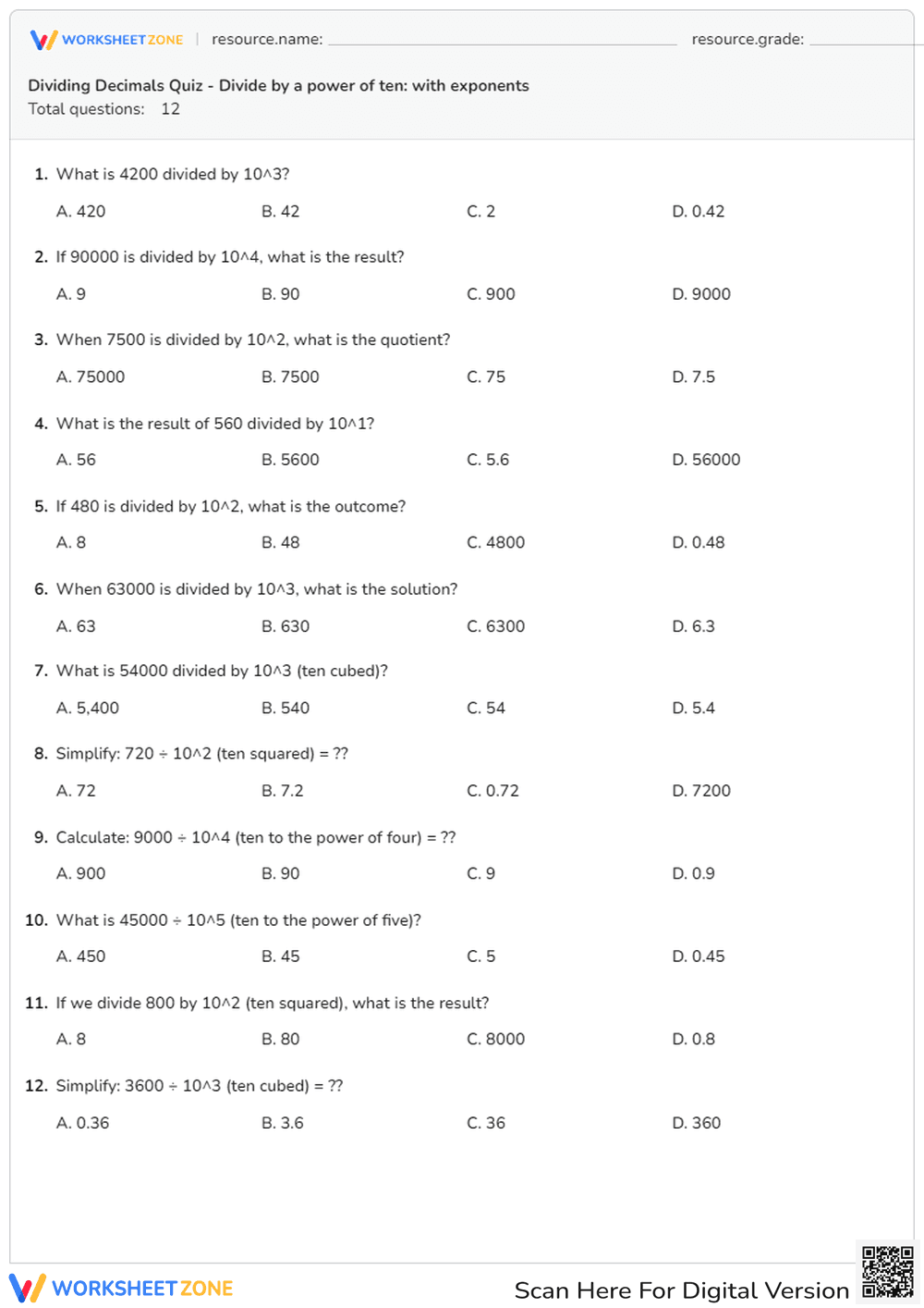 Dividing Decimals by Powers of Ten with Exponents - Page 1