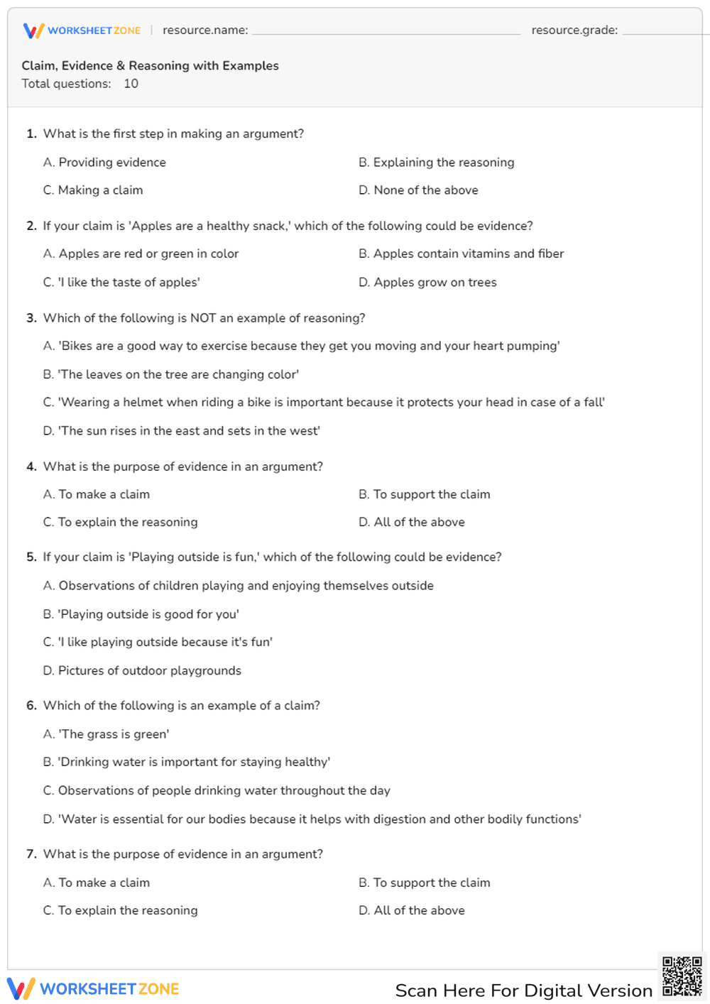 Claim, Evidence, and Reasoning: Building Arguments - Page 1