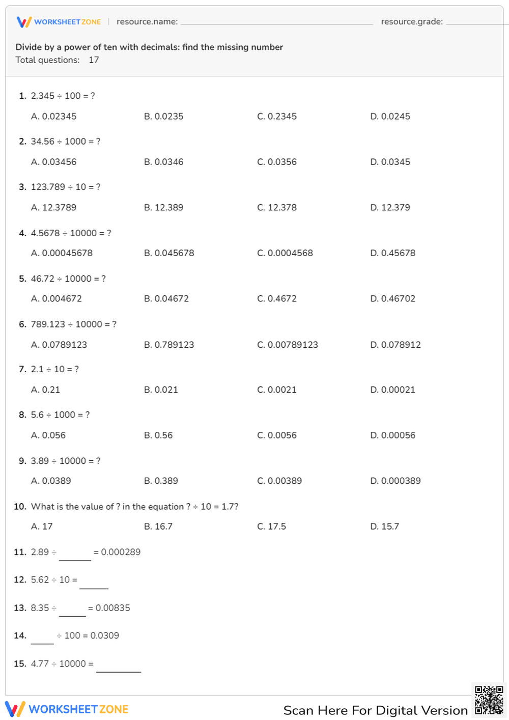 Divide by Powers of Ten with Decimals - Page 1