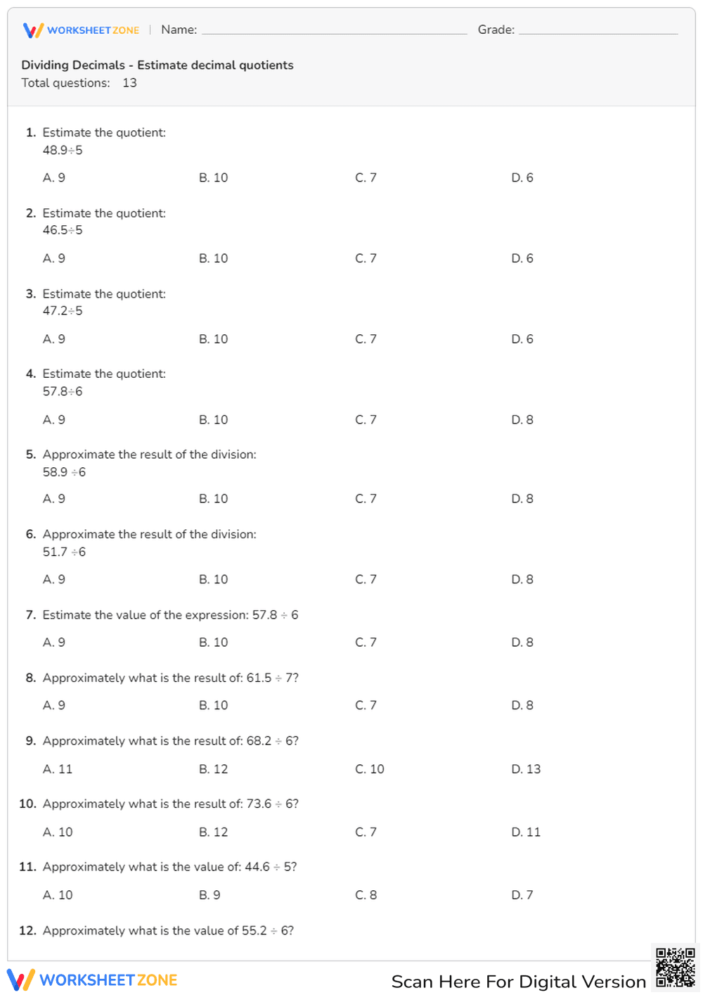 Dividing Decimals - Estimate decimal quotients - Page 1