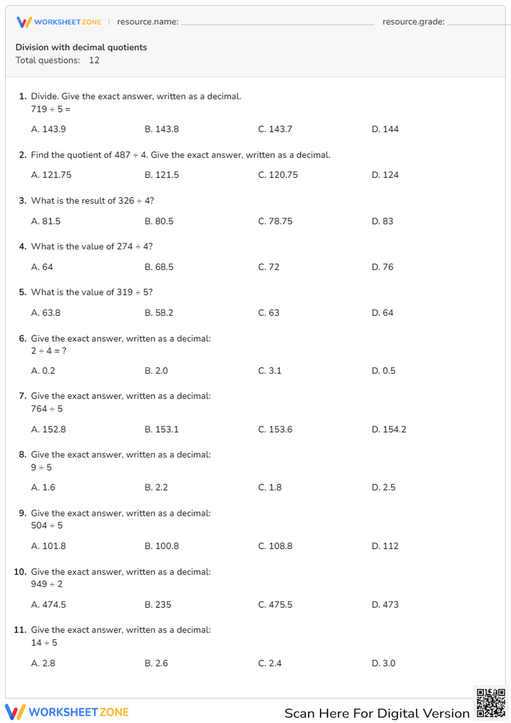 Division with decimal quotients - Page 1