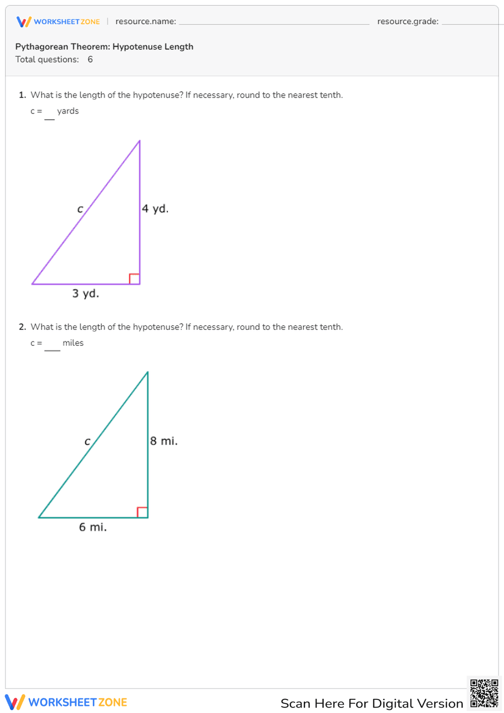 Hypotenuse Length with Pythagorean Theorem - Page 1