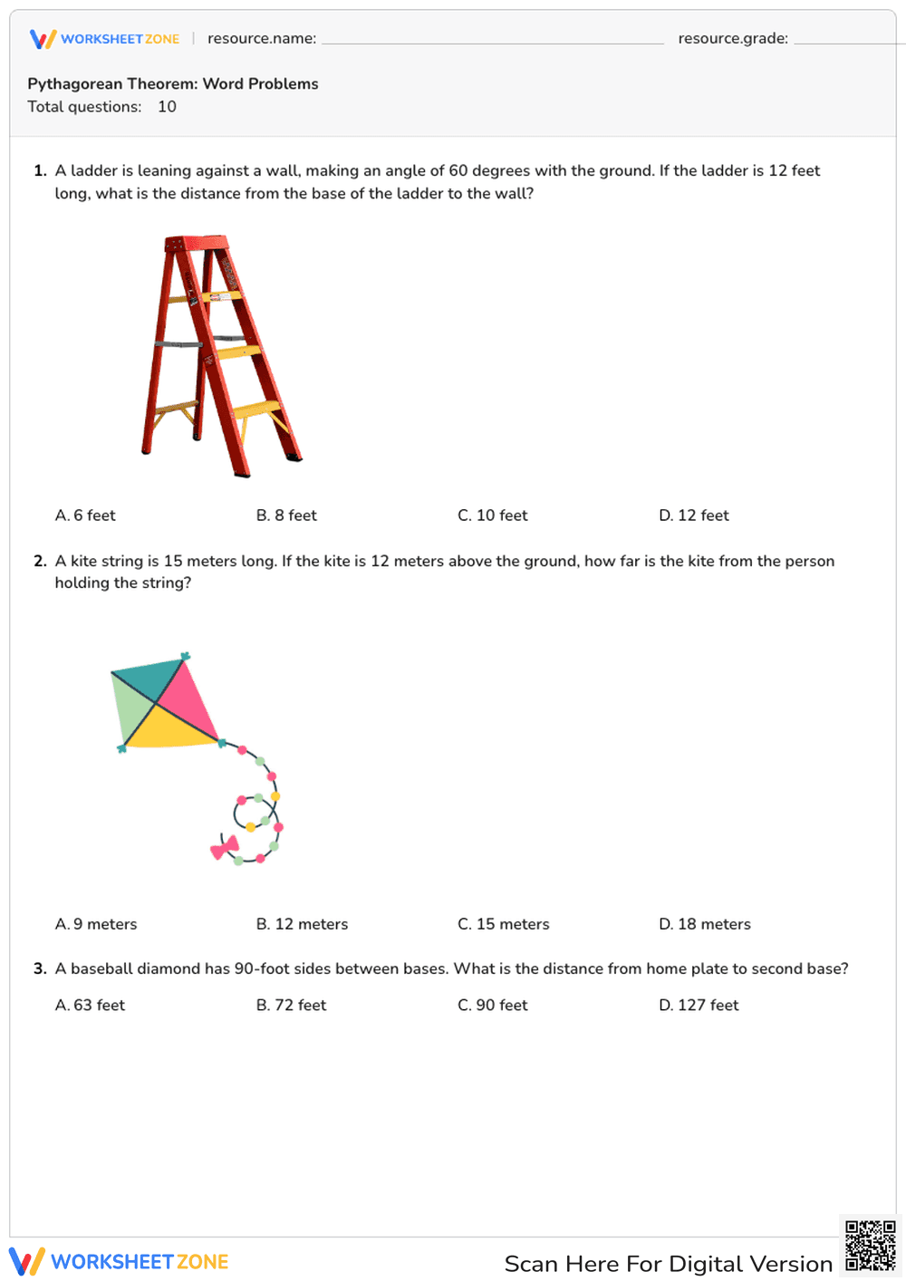 Pythagorean Theorem: Word Problems - Page 1
