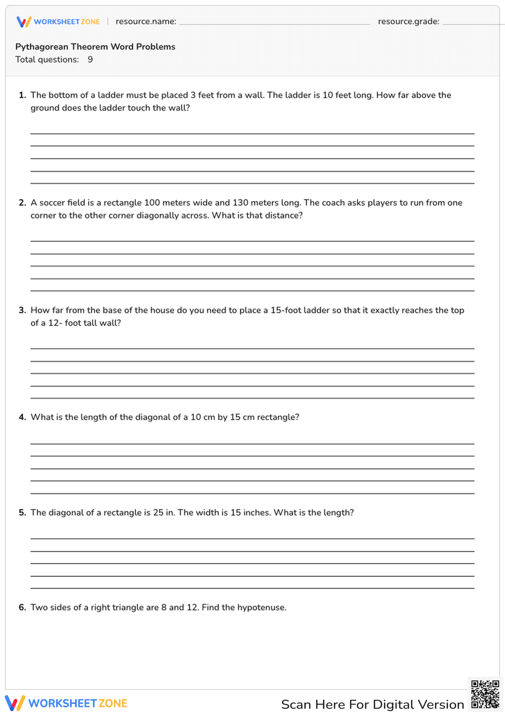 Pythagorean Theorem Word Problems - Page 1
