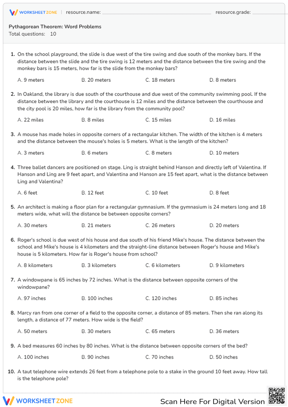 Pythagorean Theorem: Word Problems - Page 1