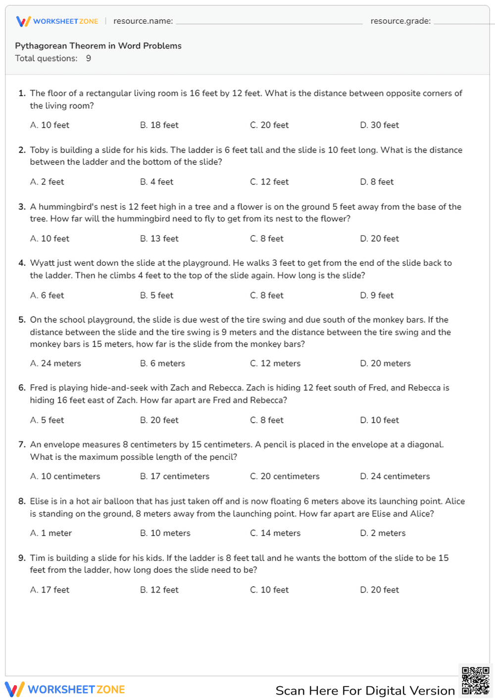 Pythagorean Theorem Word Problems - Page 1