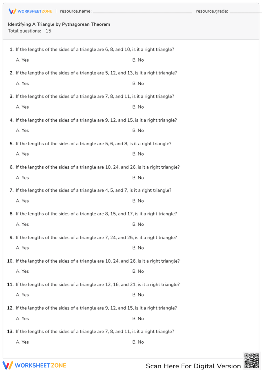 Identifying Triangles by Pythagorean Theorem - Page 1