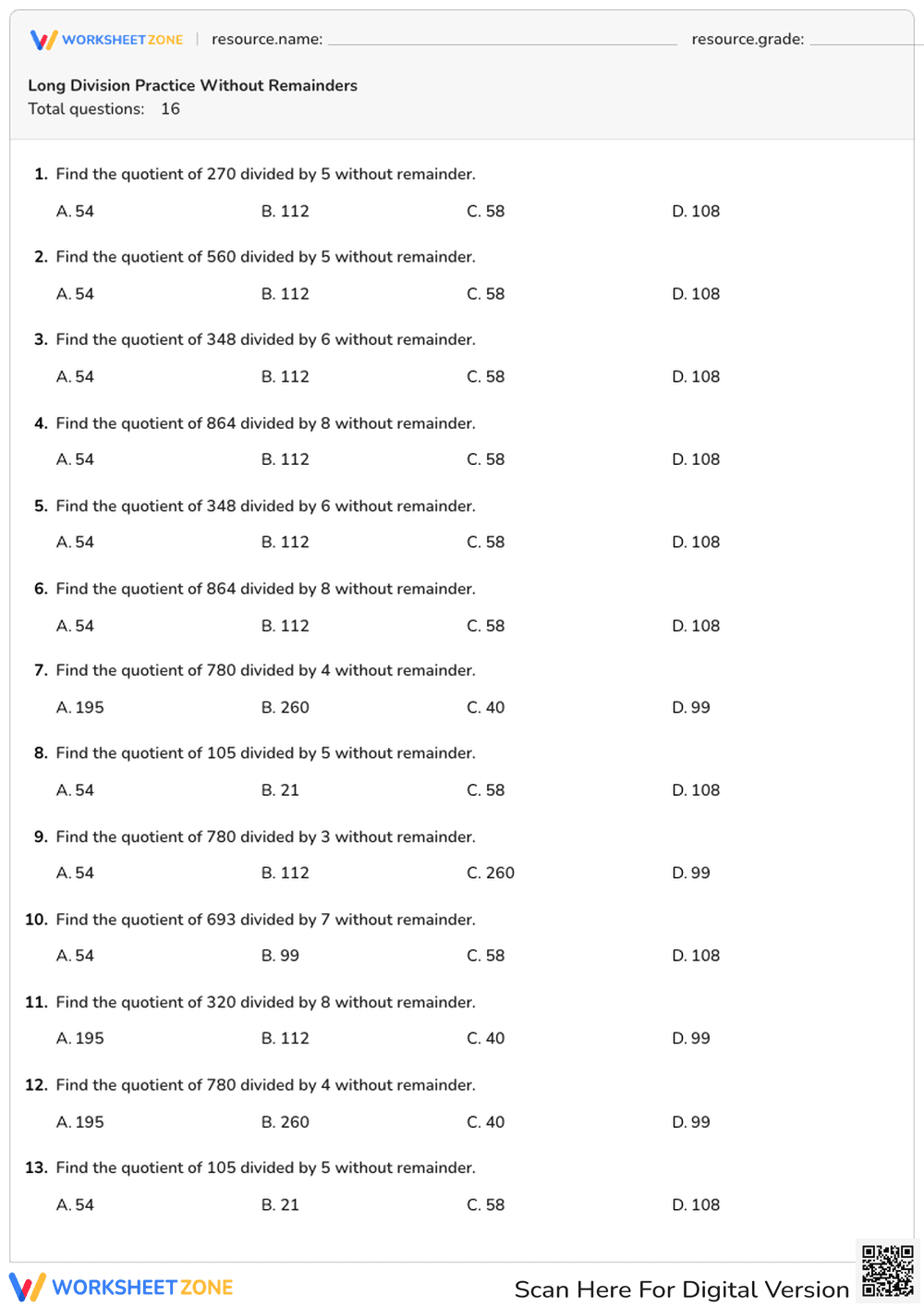 Long Division Practice Without Remainders - Page 1