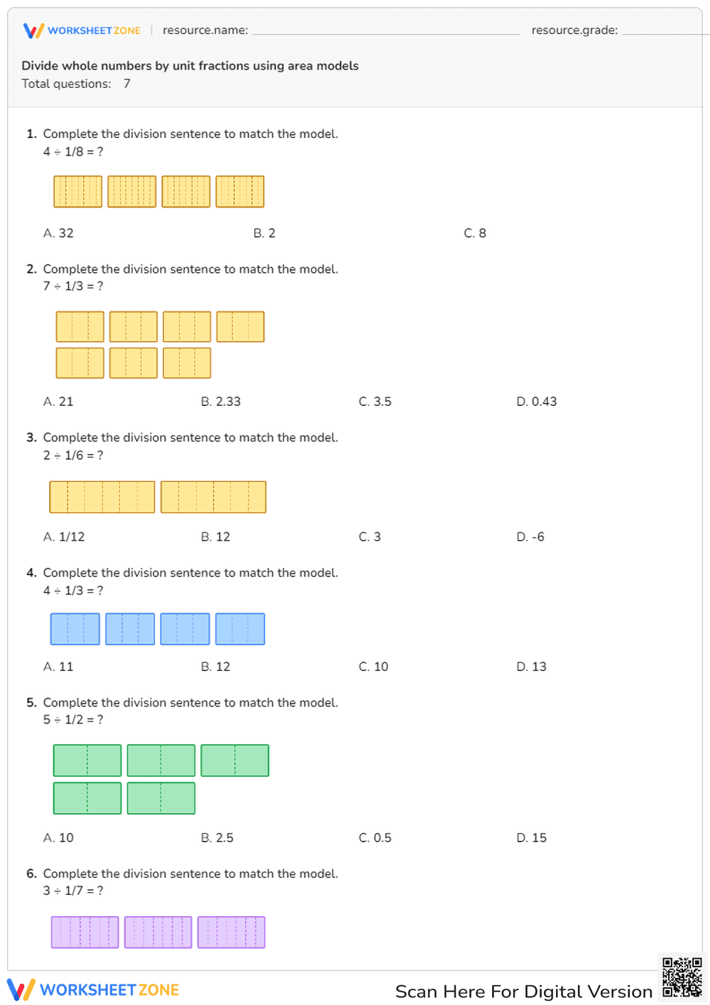 Divide Whole Numbers by Unit Fractions Using Area Models - Page 1