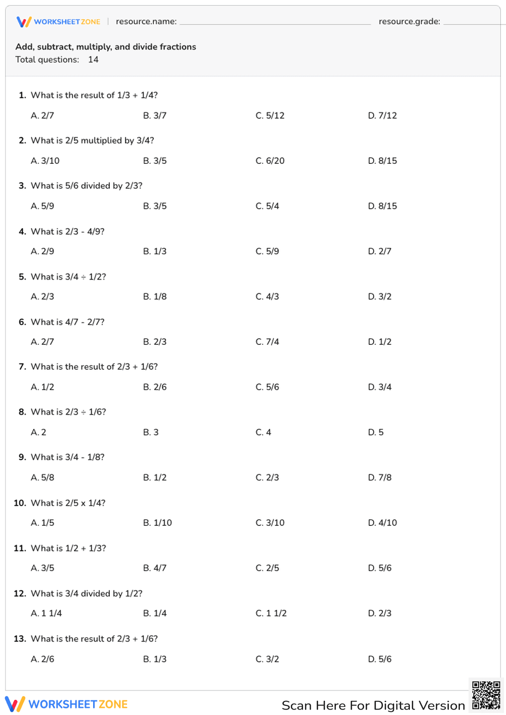 Add, subtract, multiply, and divide fractions - Page 1
