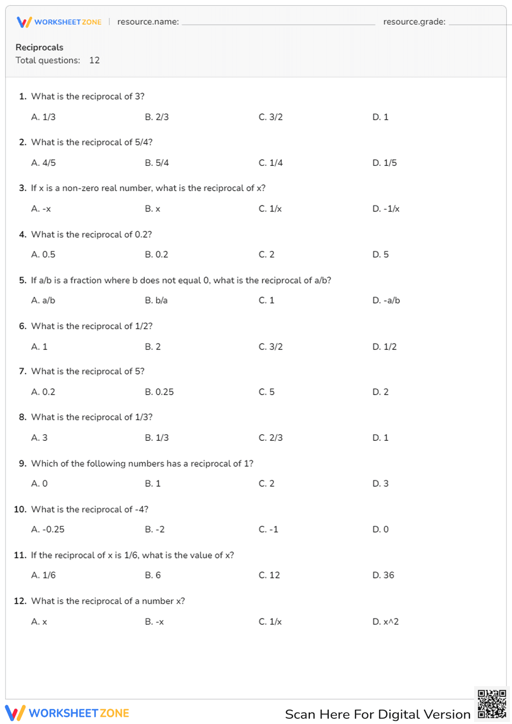 Understanding and Finding Reciprocals of Numbers - Page 1